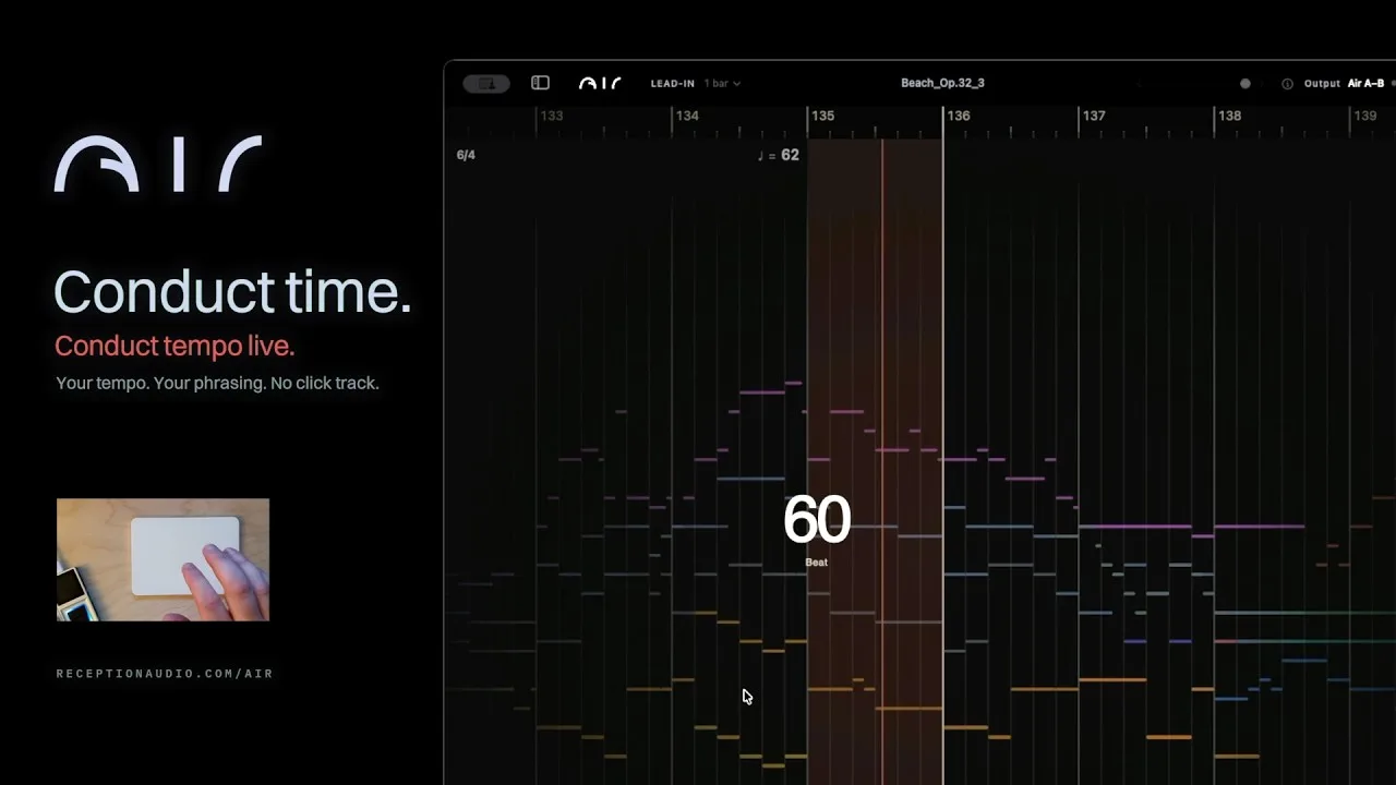 Air today: the Air wordmark with the lines Conduct time, Conduct tempo live, and Your tempo, your phrasing, no click track, beside a hand tapping a trackpad and Air conducting a cue at 60 beats per minute