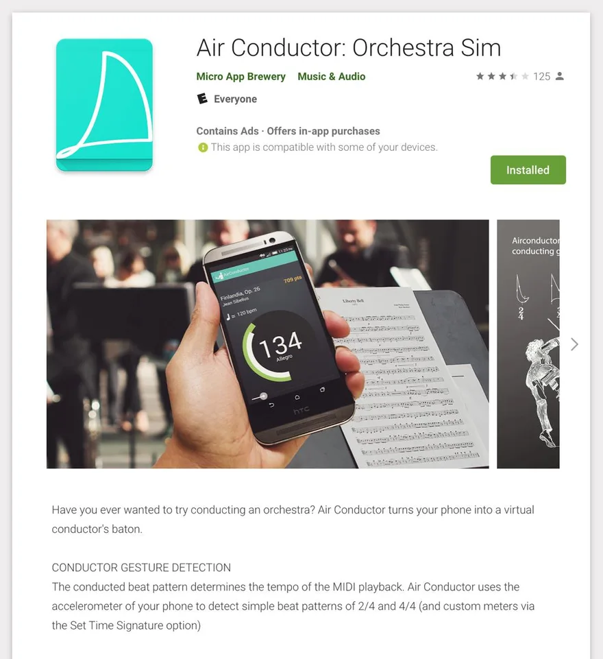Air Conductor: Orchestra Sim on Google Play, showing the app icon, a photo of the app conducting Sibelius's Finlandia at 134 beats per minute, and its description