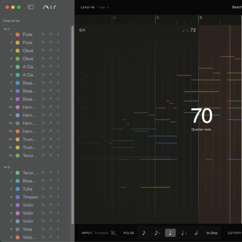Air conducting an orchestral MIDI cue at 70 BPM, with its channel list and pulse controls